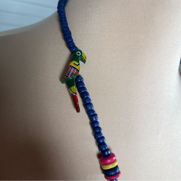 Hand-Carved Parrot Beaded Necklace Blue Tropical Boho Statement Jewelry - Picture 5 of 9